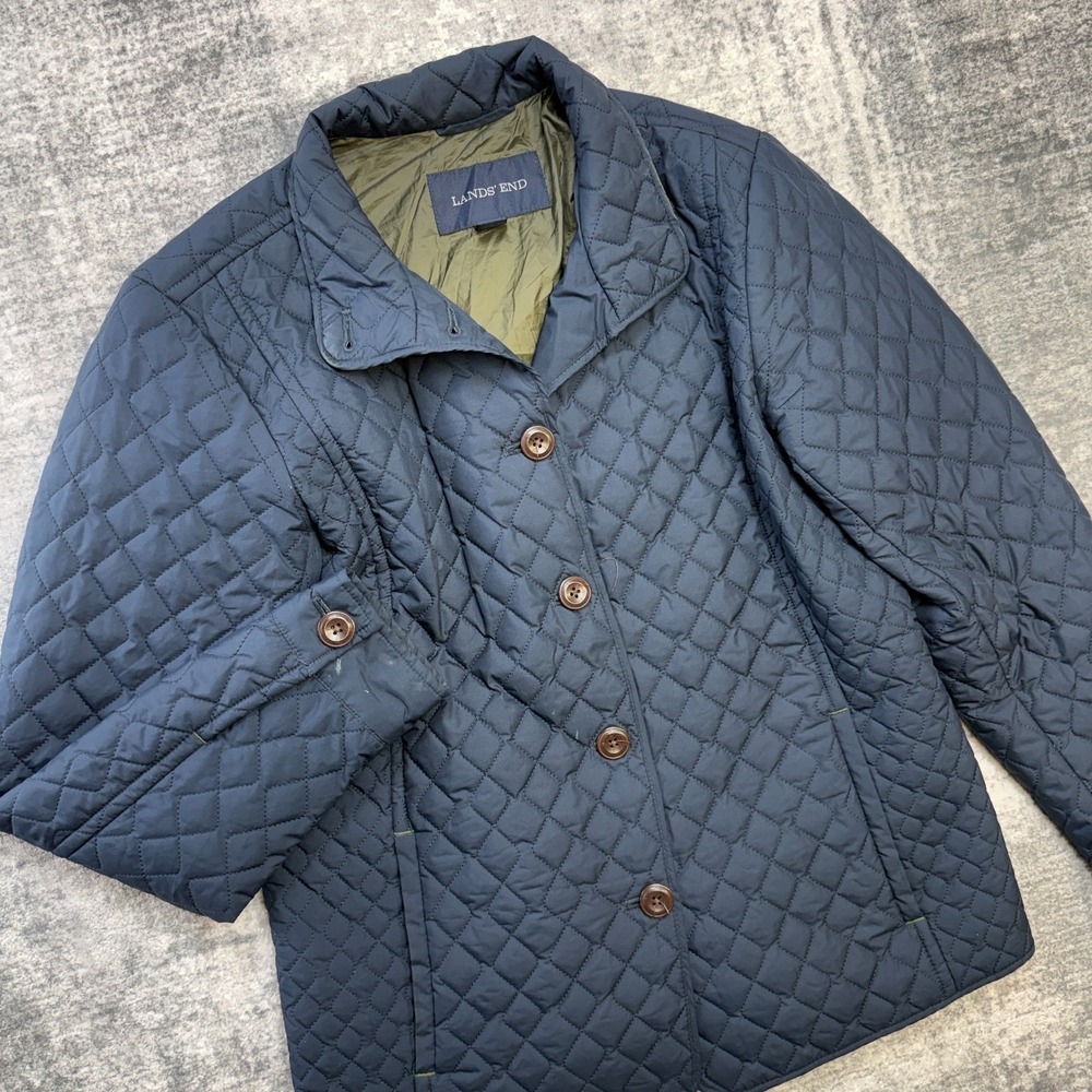 Lands End Jacket Women Medium Navy Quilted Riding Coat Primaloft Insulated Chore